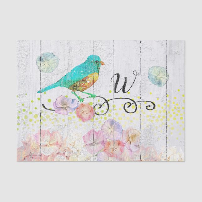 Papel De Seda Monogramado Rustic Bluebird Pink Hydrangea Floral (Anverso)