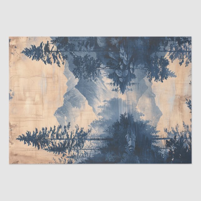 Papel De Seda Montañas Pintura de tinta azul Chinoiserie Decoupa (Anverso)