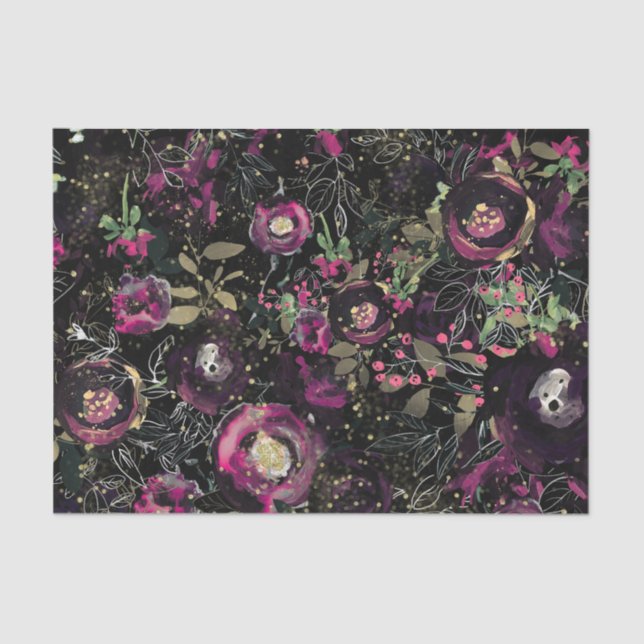 Papel De Seda Moody Berry Plum Sparkle Floral Moderno (Anverso)
