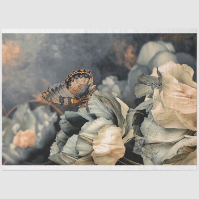 Papel De Seda Moody Blue, sobredimensionada mariposa y peonía (Anverso)