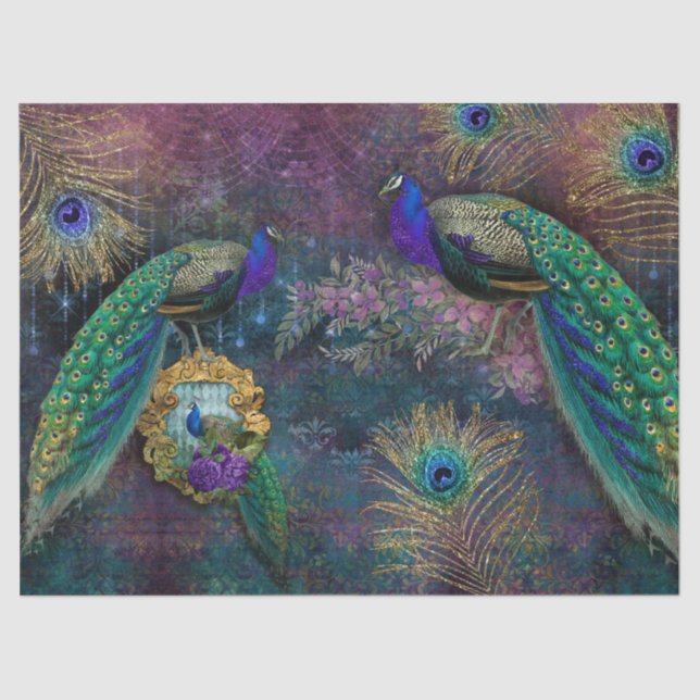 Papel De Seda Moody Elegant Peacock Feather Purpurina Decoupage (Anverso)