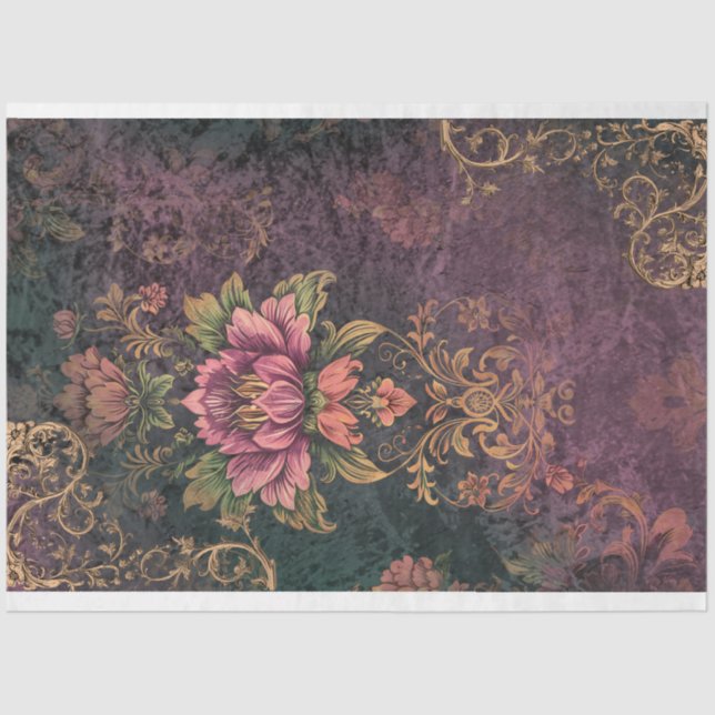 Papel De Seda Moody Purple & Green Pattern & Flower Decoppage (Anverso)
