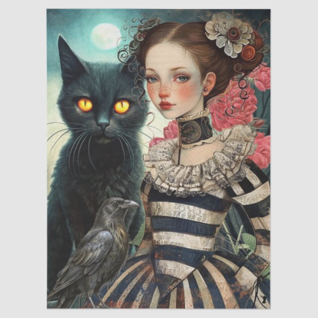 Papel De Seda Moonlit Black Cat Goth Girl & Raven Decoupage (Anverso)
