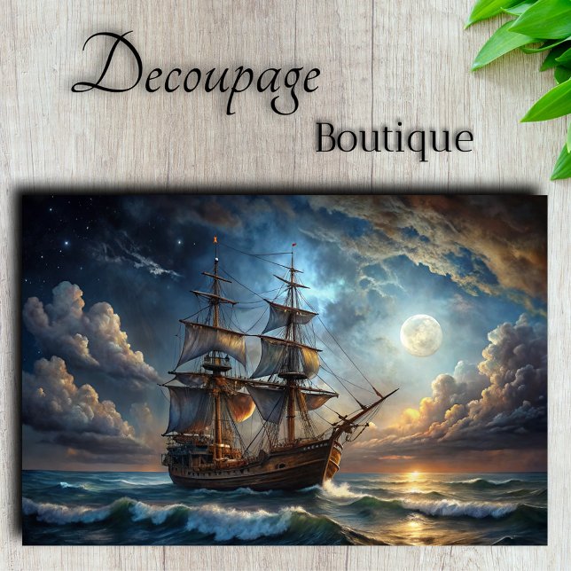 Papel De Seda Moonlit Galleon Majestic Vela Desnudo (Moonlit Galleon Majestic Sailing Ship Decoupage Tissue Paper)
