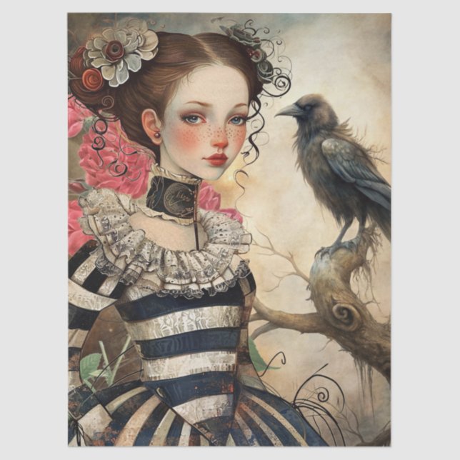 Papel De Seda Moonlit Victorian Gothic Girl & Raven Fantasy  (Anverso)