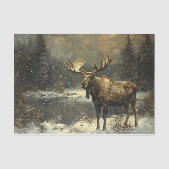 Papel De Seda Moose in a Winter Landscape Painting Decoupage (Anverso)
