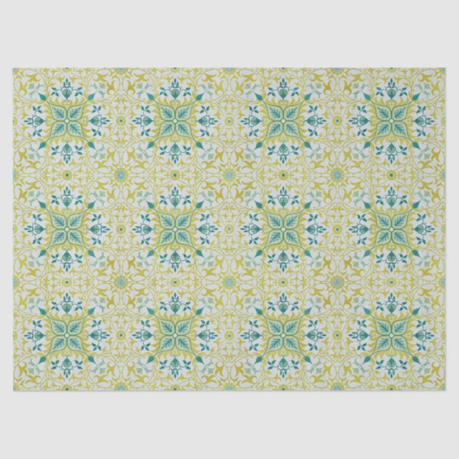Papel De Seda Morris Yellow Turquoise Vine & Flower Pattern (Anverso)