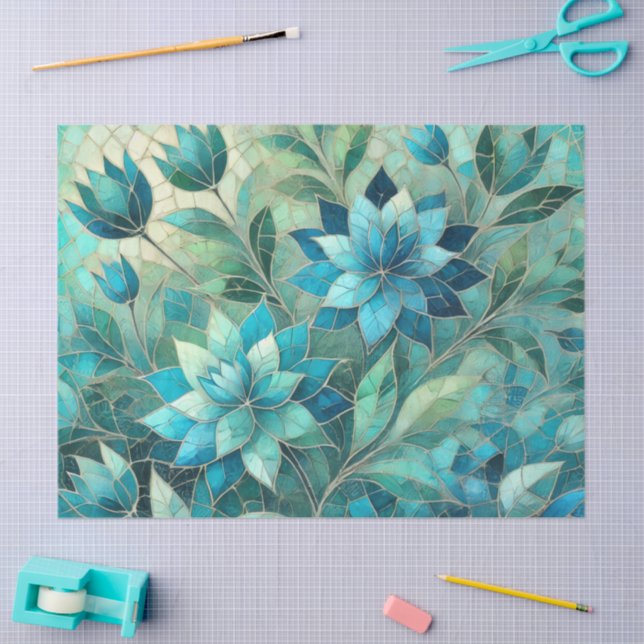 Papel De Seda Mosaic Blue Teal Floral Pattern Decoupage (Artesanía)