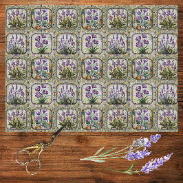 Papel De Seda Mosaico botánico de flores púrpura de lavanda vint