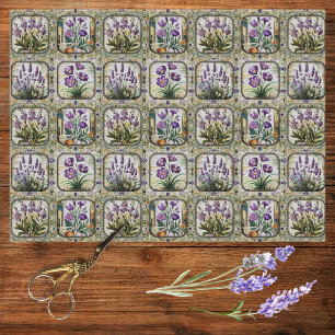Papel De Seda Mosaico botánico de flores púrpura de lavanda vint