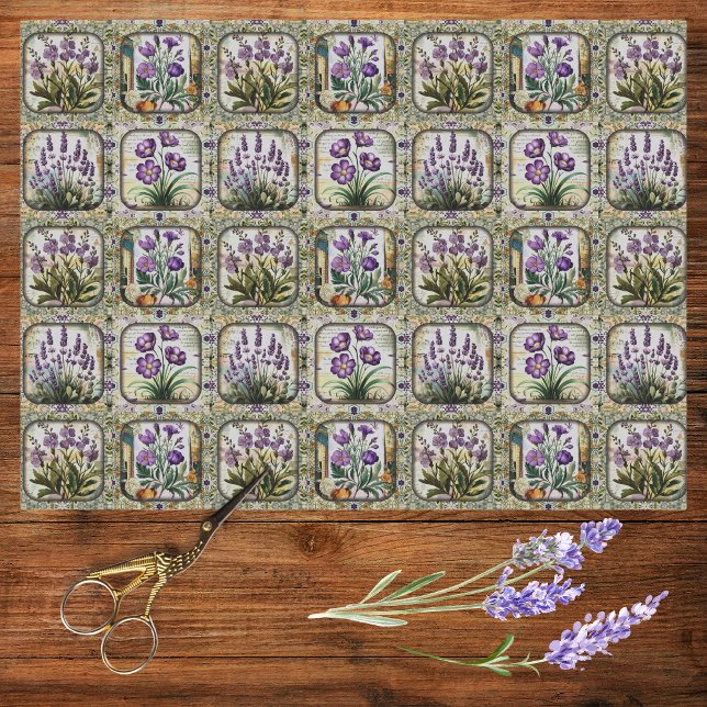 Papel De Seda Mosaico botánico de flores púrpura de lavanda vint (Subido por el creador)