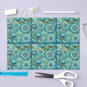Papel De Seda Mosaico Floral Azul Marino Flores Verdes Decoupage