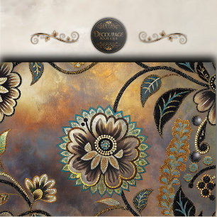 Papel De Seda Mosaico Floral de Decoupage Turquesa Dorado