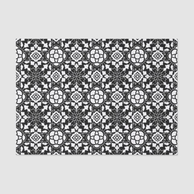 Papel De Seda Mosaico floral marroquí, negro y blanco (Anverso)