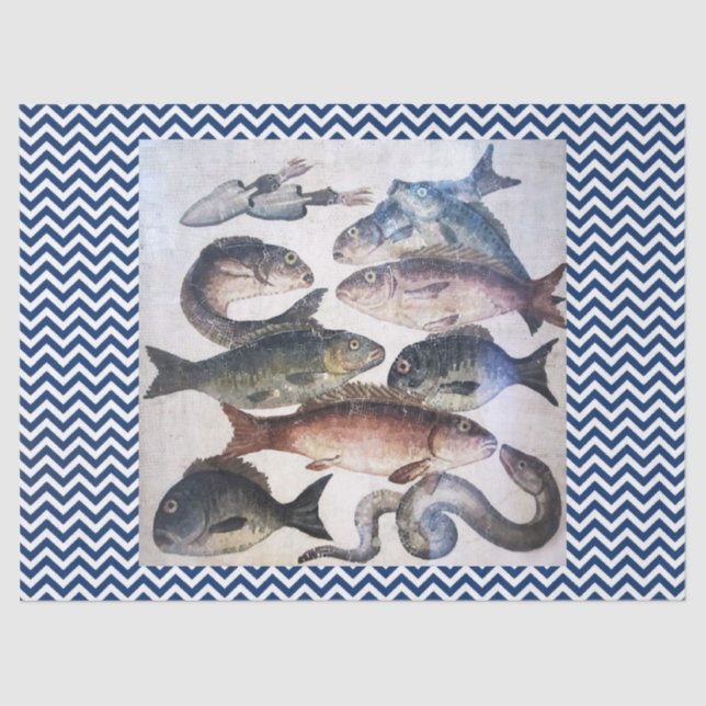PAPEL DE SEDA MOSAICOS ROMANOS ANTIGUOS, PESCADOS, ESCENA DE VID (Anverso)