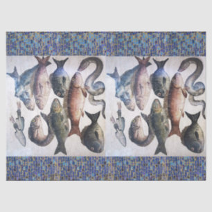 PAPEL DE SEDA MOSAICOS ROMANOS ANTIGUOS, PESCADOS, ESCENA DE VID