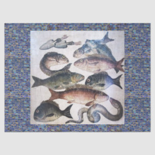 PAPEL DE SEDA MOSAICOS ROMANOS ANTIGUOS, PESCADOS, ESCENA DE VID
