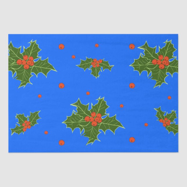 Papel De Seda Motif de los Navidades Holly (Ilex) sobre fondo az (Anverso)