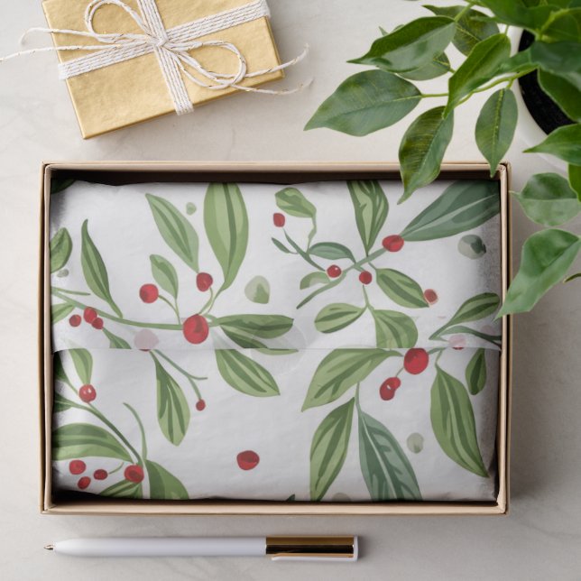 Papel De Seda Muérdago Alegre Bayas Rojas Blanco Acuarela (Regalo )