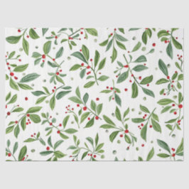 Papel De Seda Muérdago Alegre Bayas Rojas Blanco Acuarela