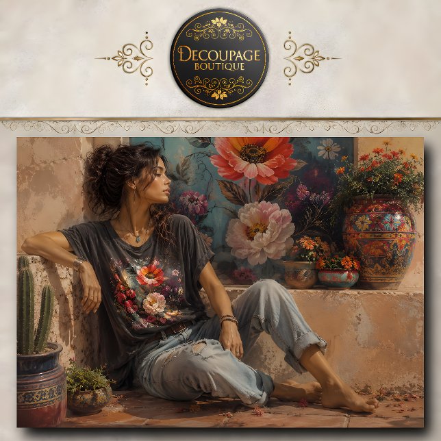 Papel De Seda Mujer Boho en vaqueros junto a macetas de flores c (Boho Woman In Jeans Beside Colorful Flower Pots Tissue Paper)