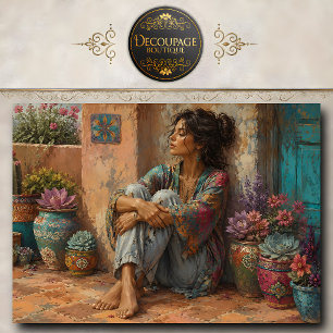 Papel De Seda Mujer Boho Sentada Entre Macetas de Flores Colorid