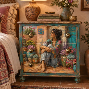 Papel De Seda Mujer Boho Sentada Entre Macetas de Flores Colorid