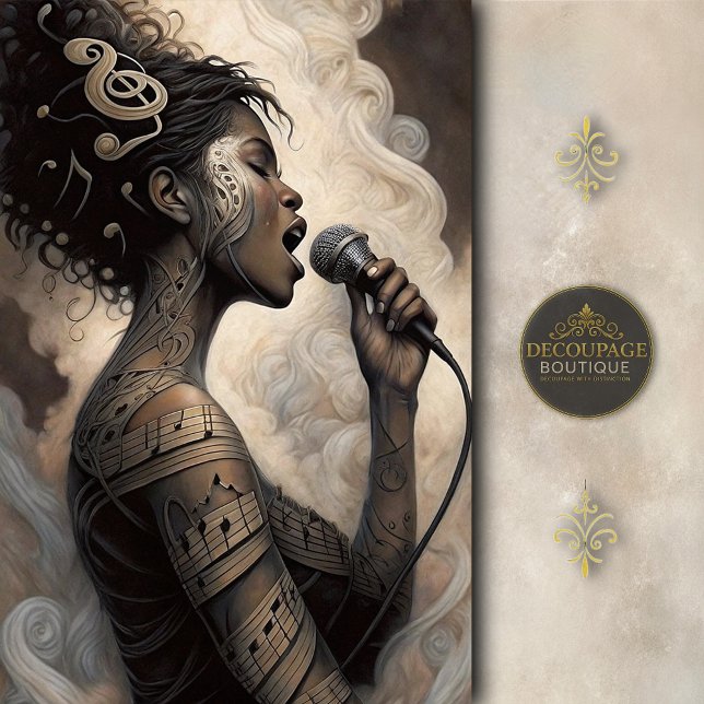 Papel De Seda Mujer Cantando con Tatuajes Musicales Decoupage (Singing Woman With Music Tattoos Decoupage Tissue Paper)