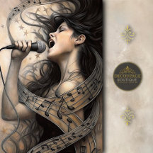 Mujer Cantando Envuelta en Decoupage de Notas Musi