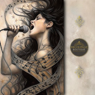 Papel De Seda Mujer Cantando Envuelta en Decoupage de Notas Musi