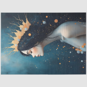 Papel De Seda Mujer Celestial Retrato Corona Dorada Surrealista