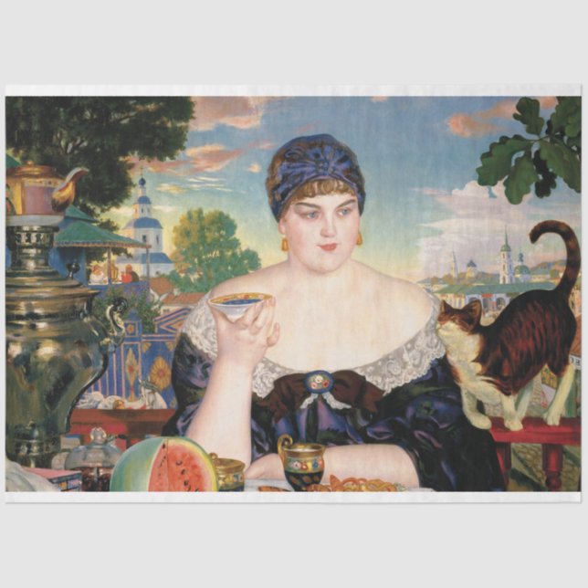 Papel De Seda Mujer comiendo sandía con pintura de gato (Anverso)