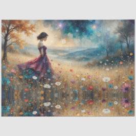 Papel De Seda Mujer con vestido colorido en colina de flores