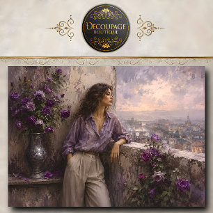 Papel De Seda Mujer contemplando el paisaje urbano con rosas púr