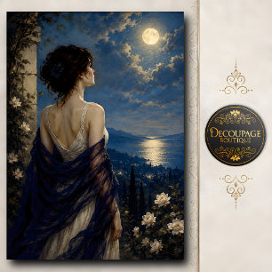 Papel De Seda Mujer contemplando la luna llena sobre el océano
