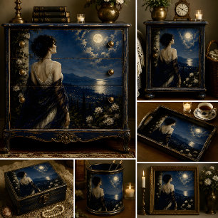Papel De Seda Mujer contemplando la luna llena sobre el océano