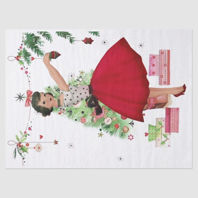 Papel De Seda Mujer de Navidad de 1950 con árbol de Navidad (Anverso)