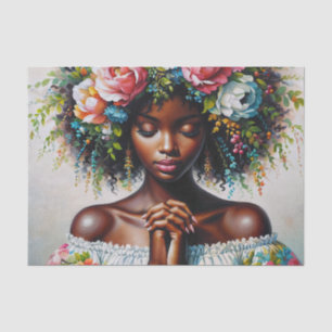 Papel De Seda Mujer de piel oscura reza retrato floral