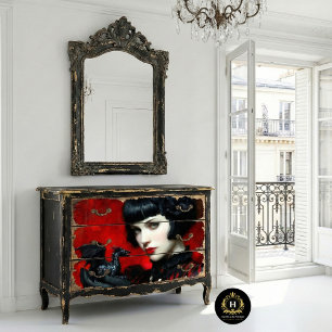 Papel De Seda Mujer Dragón Rojo Negro Gótico Fantasía Decoupage