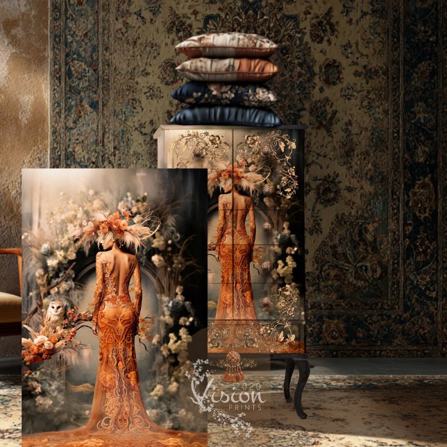 Papel De Seda Mujer elegante, búho y arteria floral, arte retrat (Rustic Owl, Elegant Woman, Burnt Orange, Dusty Floral Archway, Fall Palette, Decoupage Tissue Paper)