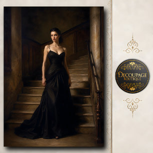 Papel De Seda Mujer Elegante Con Vestido Negro En La Escalera