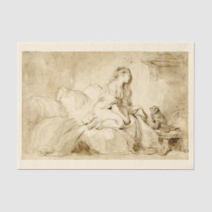 Papel De Seda Mujer en cama con su perro, pintura de tiza, décad