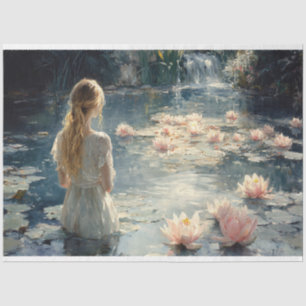 Papel De Seda Mujer en un estanque sereno floreciendo lirios de 