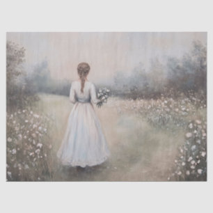 Papel De Seda Mujer en vestido blanco decoupage de flores silves