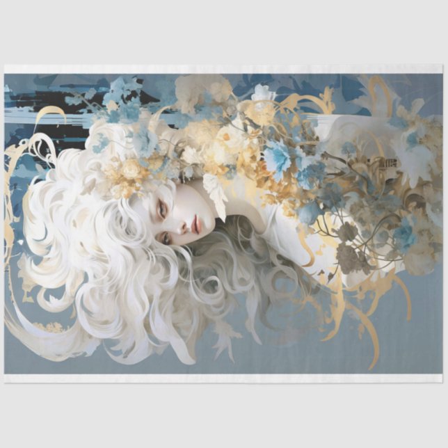 Papel De Seda Mujer exótica con desenlace de pelo blanco. (Anverso)