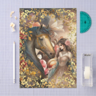 Papel De Seda Mujer exótica floral, caballo y marco decoupage do