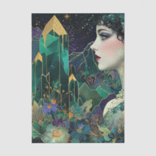 Papel De Seda Mujer Fantasía Esmeralda Cristales Florales Decoup