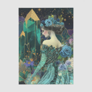 Papel De Seda Mujer Fantasía Esmeralda Cristales Florales Decoup