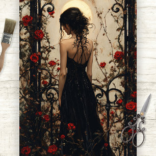 Papel De Seda Mujer gótica vestida de negro entre rosas rojas