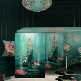 Papel De Seda Mujer Hermosa Loto Agua Esmeralda Verde